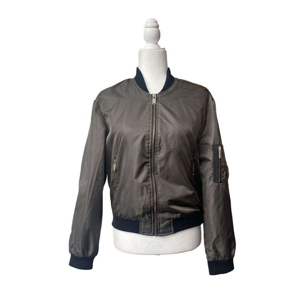 Zara Womens Bomber Jacket S‎ Satin Full Zip Aviator Green Pockets Short Satin - Picture 2 of 11